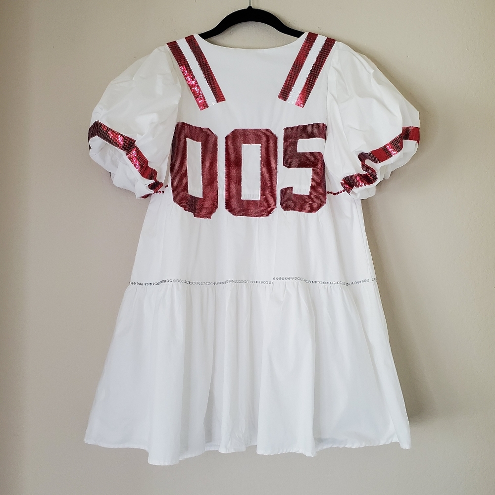 Queen of Sparkles White and Red Poof Sleeve QOS Jersey Dress Sz XS Sports